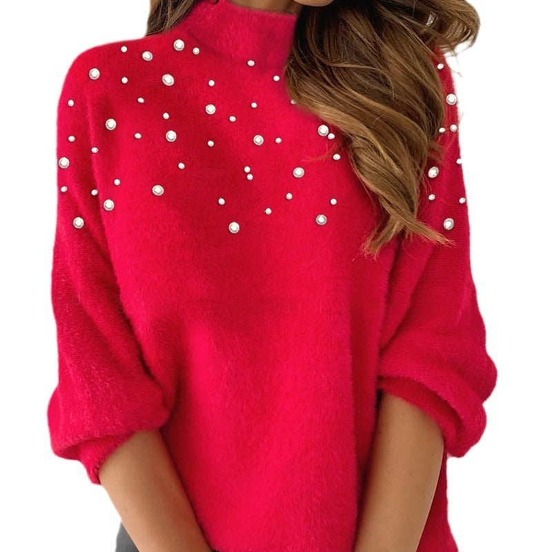 European And American Women's Clothing Beaded Turtleneck Long-sleeved Top