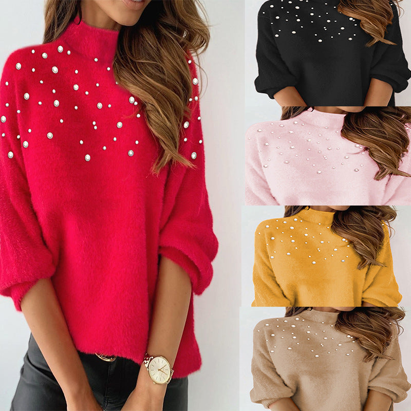 European And American Women's Clothing Beaded Turtleneck Long-sleeved Top